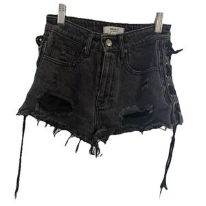 FOREVER 21 WOMENS JEAN SHORTS SIZE 24 BLACK‎ DISTRESSED DESTROYED SIDE TIE BOOTY